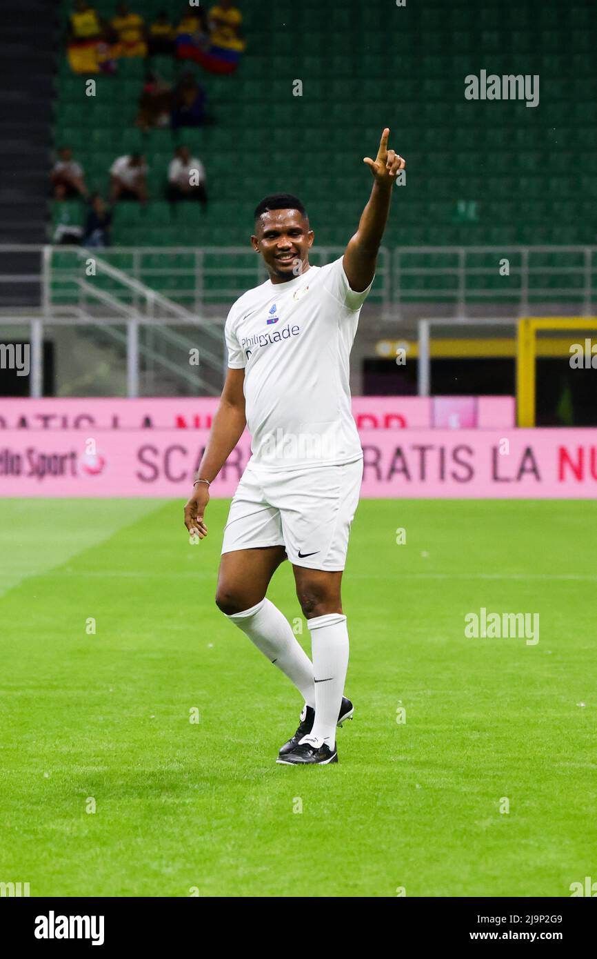 Samuel Eto’o in action during the Integration Heroes match in Giuseppe Meazza stadium in San Siro in Milano, Italy, on May 23 2022 Stock Photo