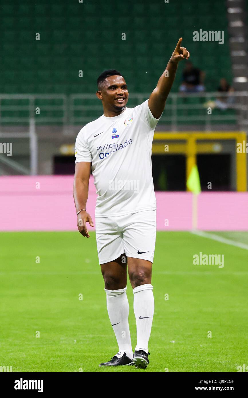 Samuel Eto’o in action during the Integration Heroes match in Giuseppe Meazza stadium in San Siro in Milano, Italy, on May 23 2022 Stock Photo