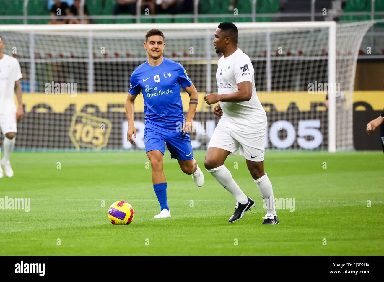 Paulo Dybala, Samuel Eto’o in action during the Integration Heroes match in Giuseppe Meazza stadium in San Siro in Milano, Italy, on May 23 2022 Stock Photo