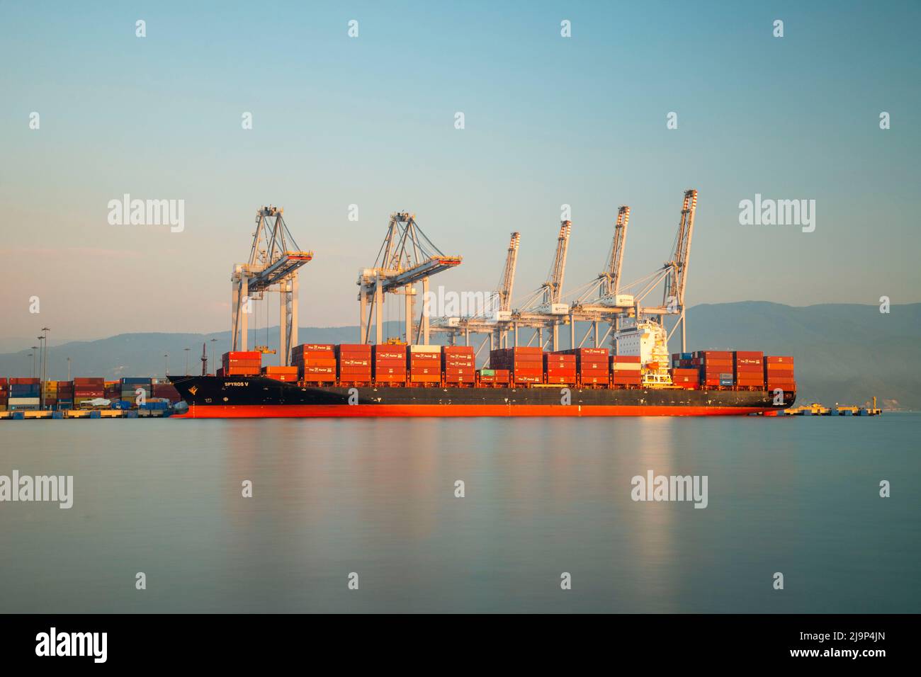 Large cargo ship anchored in container port, February , 2020, (izmit