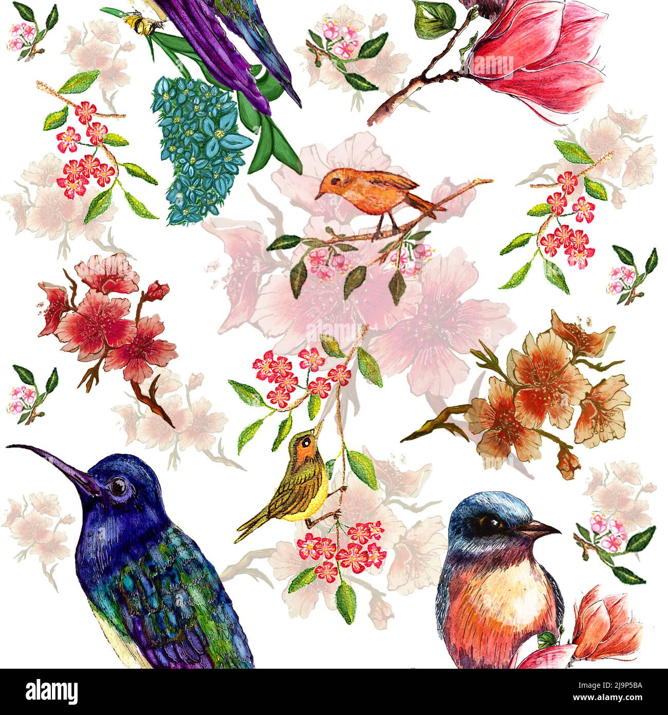 Watercolor seamless pattern with blooming branch of cherry,magnolia and ...