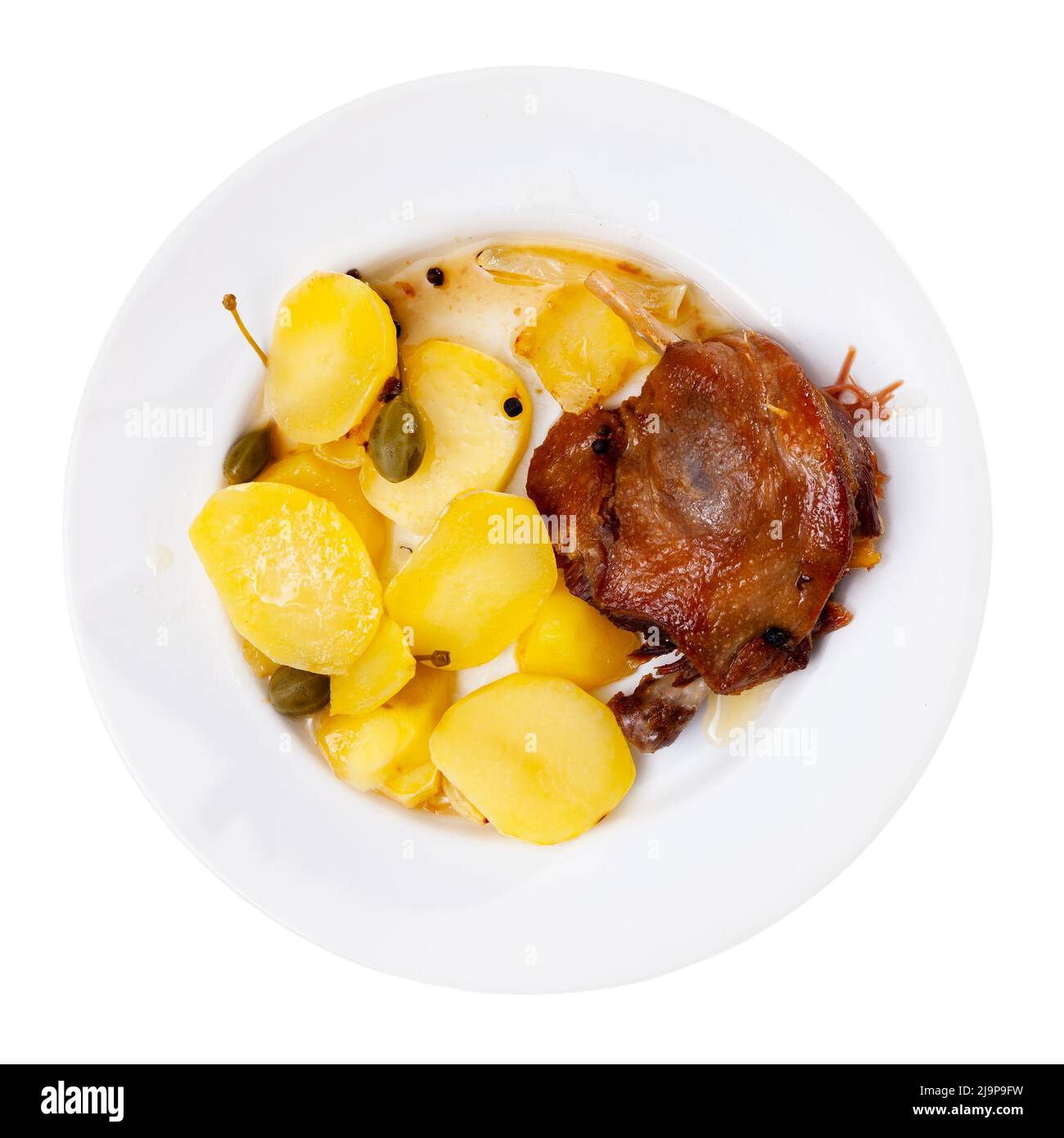 Fried duck confit with roasted potatoes Stock Photo