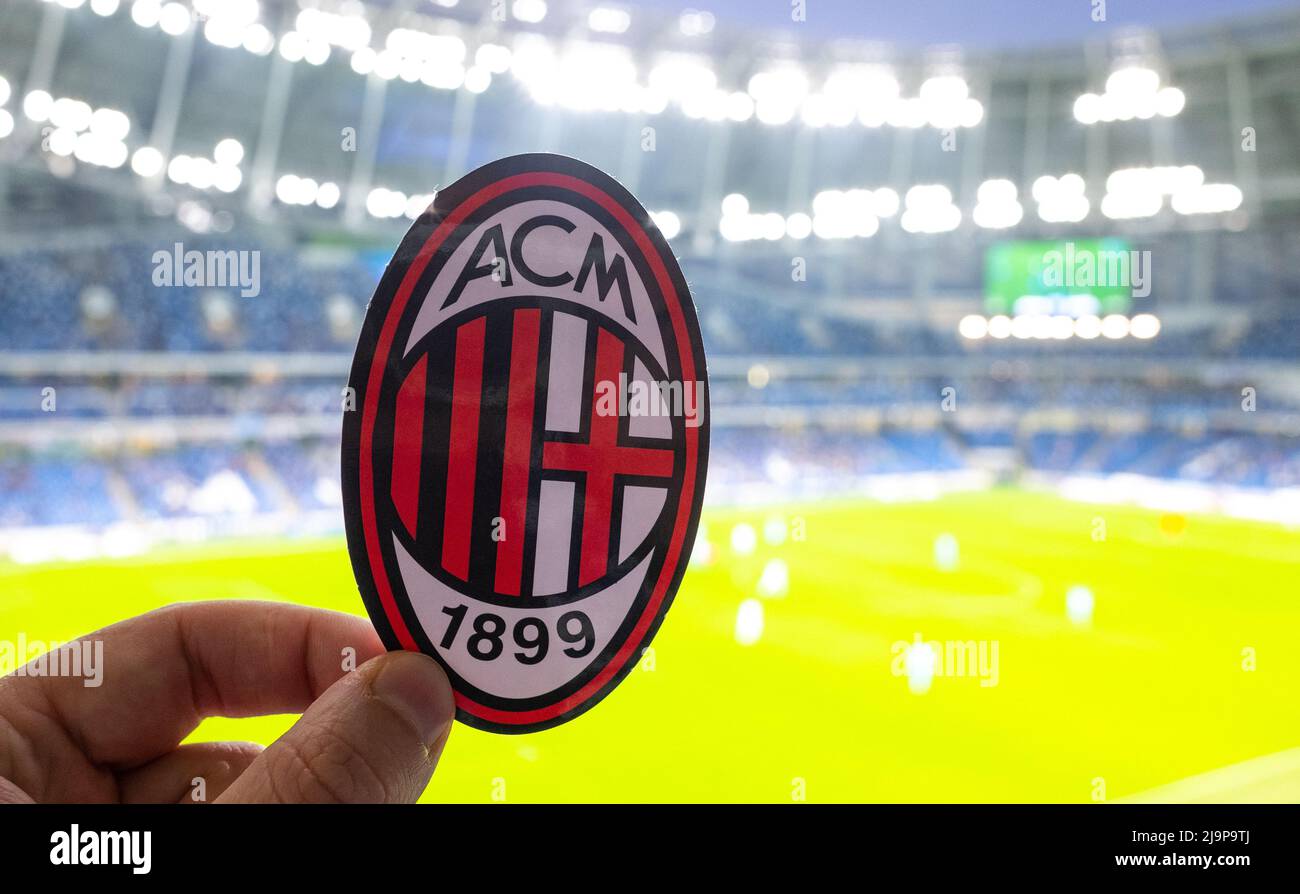 September 12, 2021, Milan, Italy. The emblem of the A.C. Milan football  club on the background of a modern stadium Stock Photo - Alamy