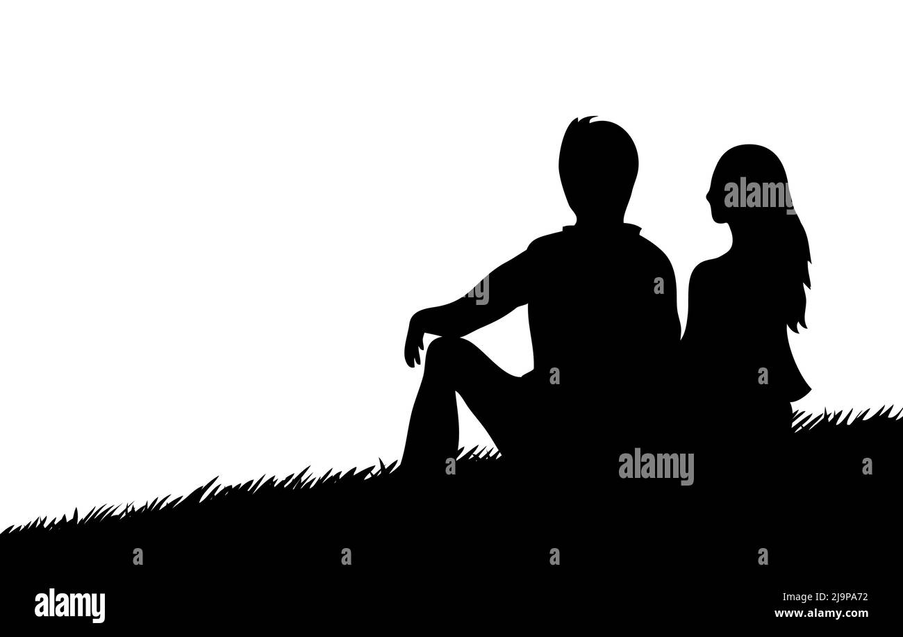 Black silhouette of a man and a girl on the grass. Young couple. Loving ...