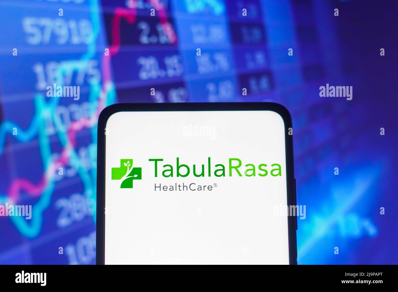 In this photo illustration, the Tabula Rasa HealthCare logo seen displayed on a smartphone screen. Stock Photo