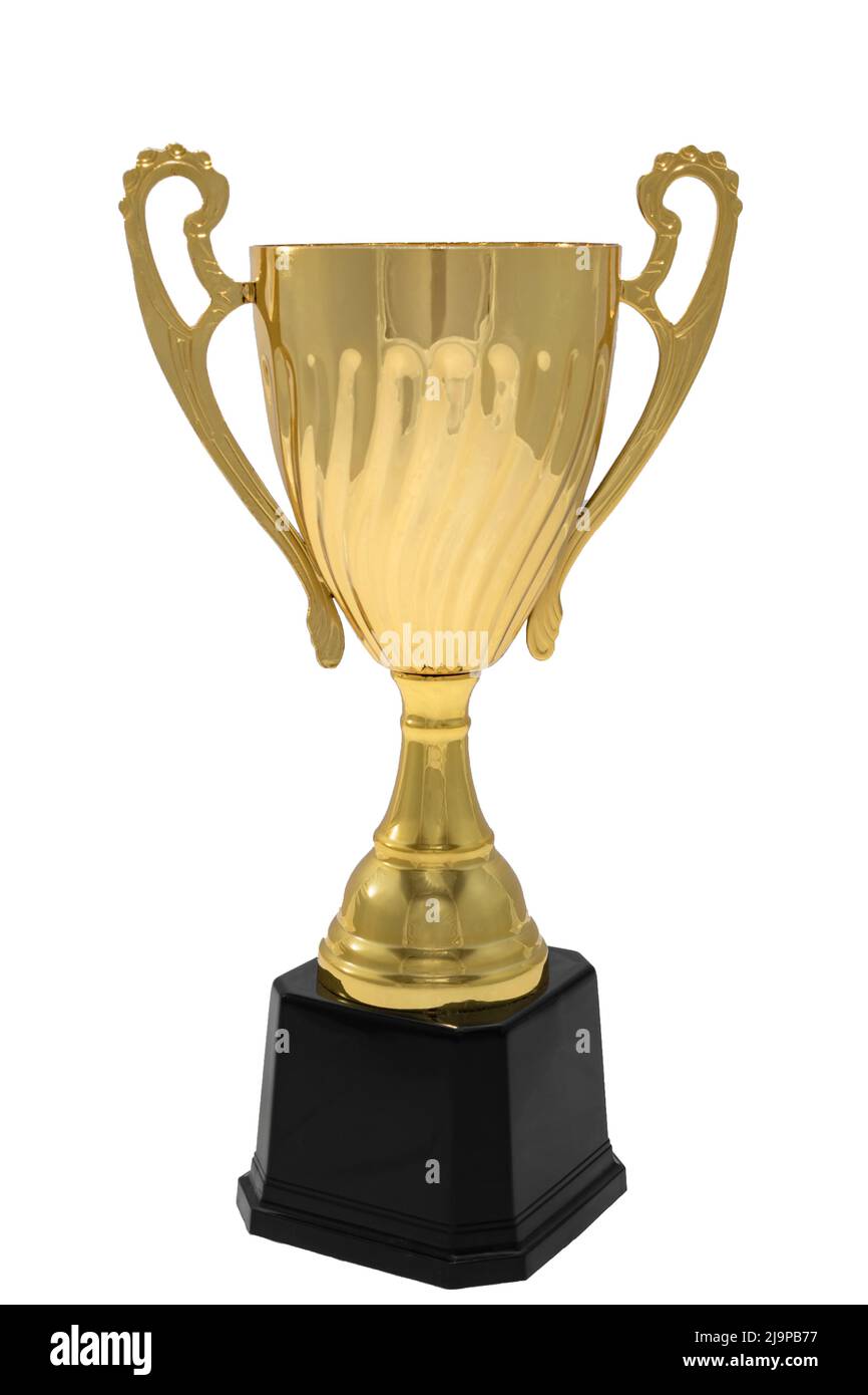 Winning prize trophy, championship winner, sports contest reward, win award concept with realistic shiny gold cup isolated on white background with cl Stock Photo
