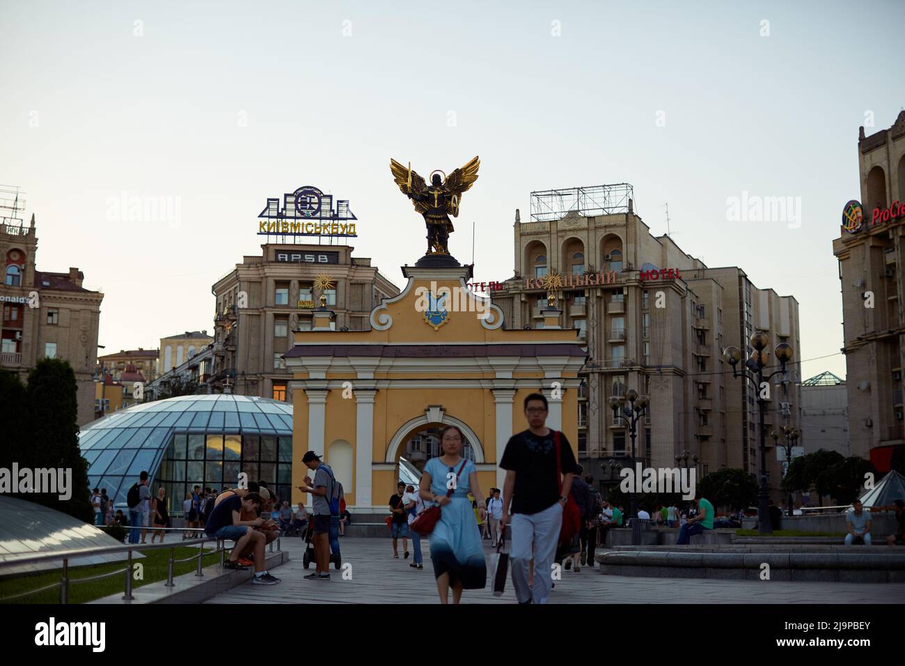 Kiev - October 27, 2021: Statue of Archangel Michael at the top of Lach Gates at Kiev Independence Square Stock Photo