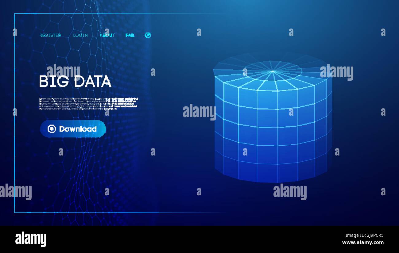Bid data blue background. Wireframe cylinder vector. Network connection. Stock Vector