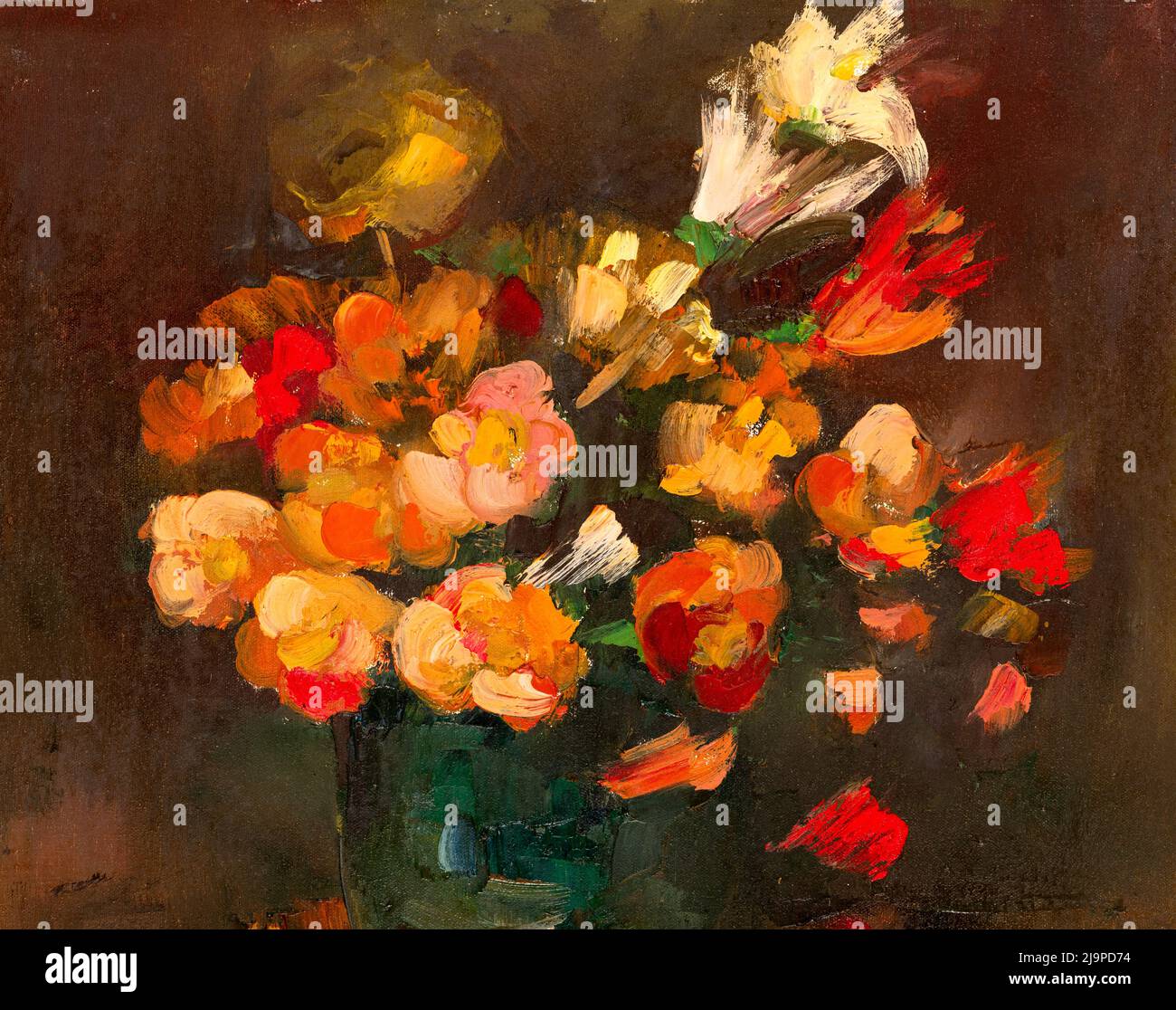 Detail of oil painting on canvas depicting flowers bouquet in a vase, impressionism style Stock