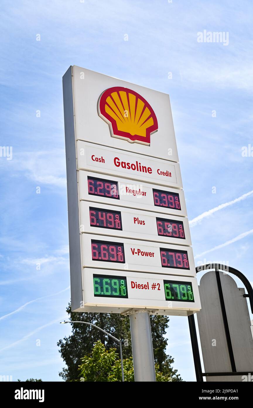 The marquee at a Shell gas station, showing prices over six dollars a gallon.  A gas hike is going into effect in California in July. Stock Photo