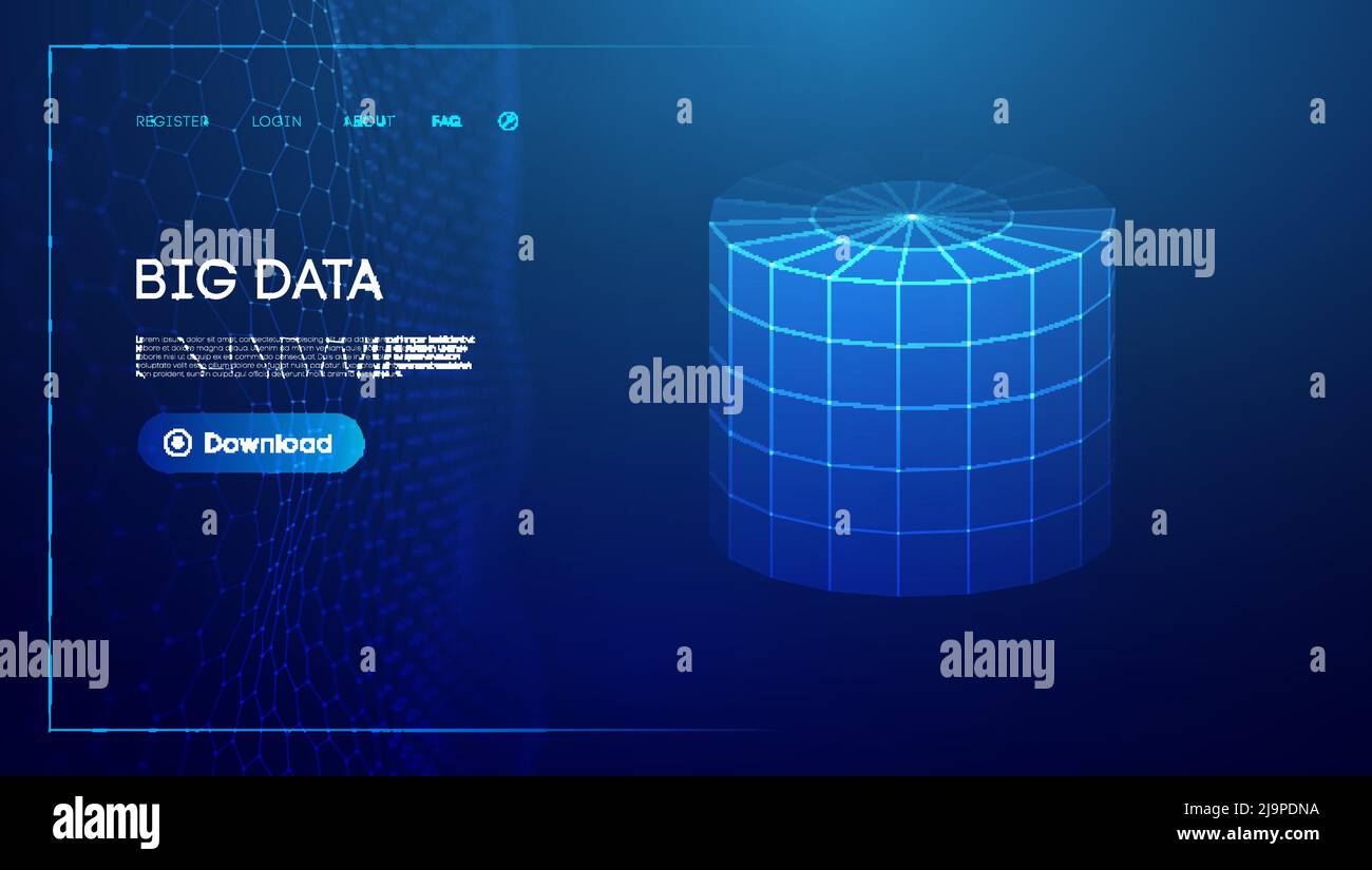 Bid data blue background. Wireframe cylinder vector. Network connection. Stock Vector