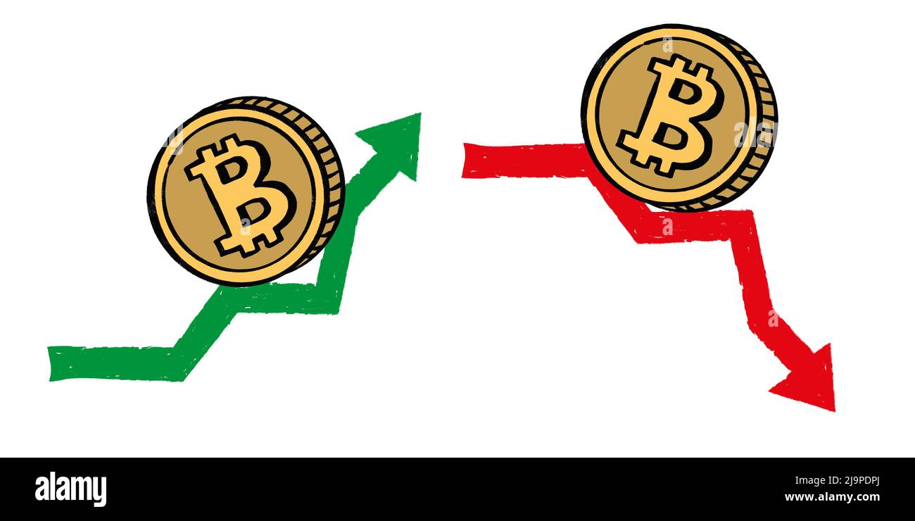 Bitcoin sketch icon with rising and crushing arrows. Cryptocurrency ...
