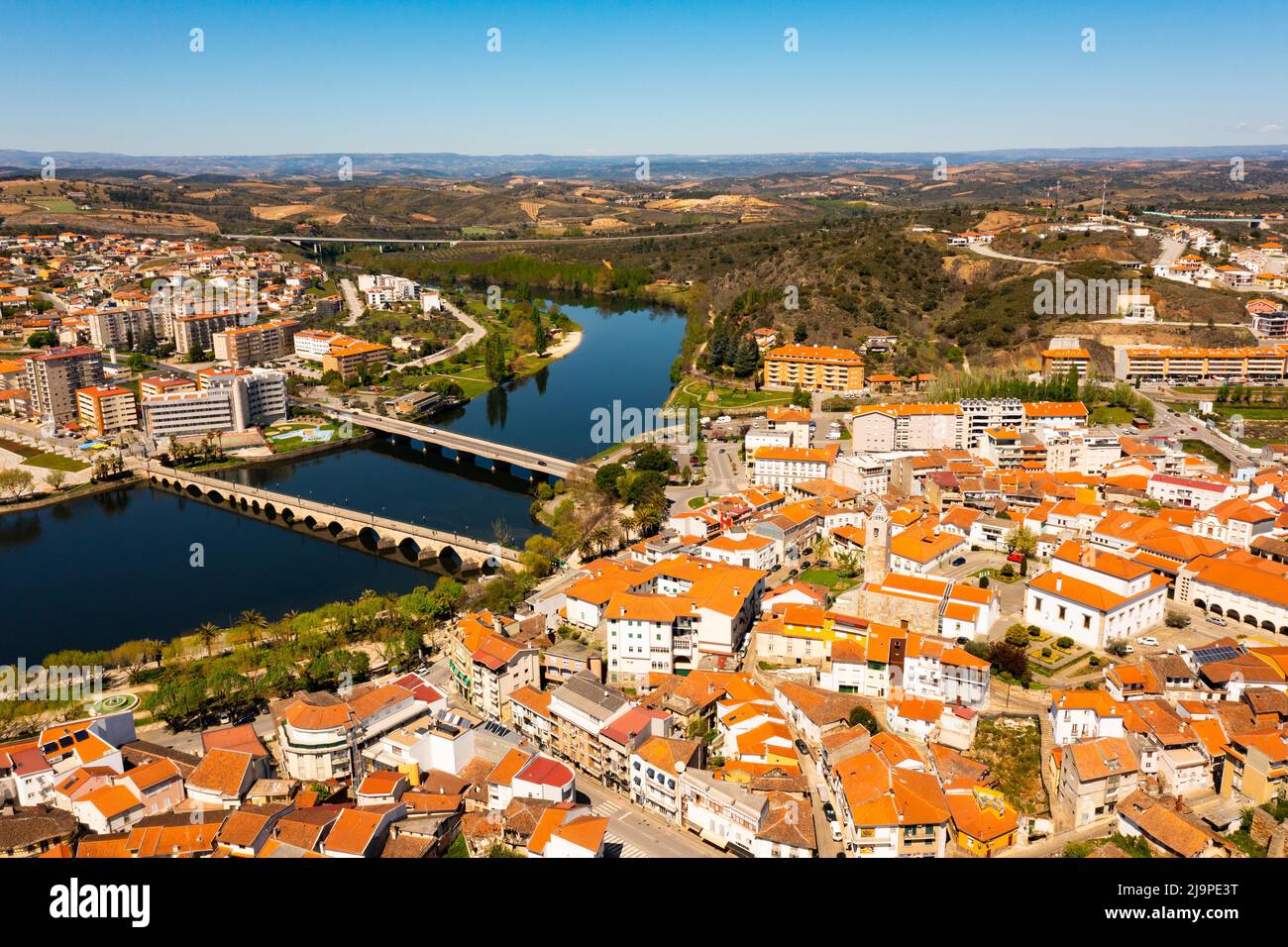 Drone view of Portuguese city of Mirandela on banks of Tua river Stock Photo