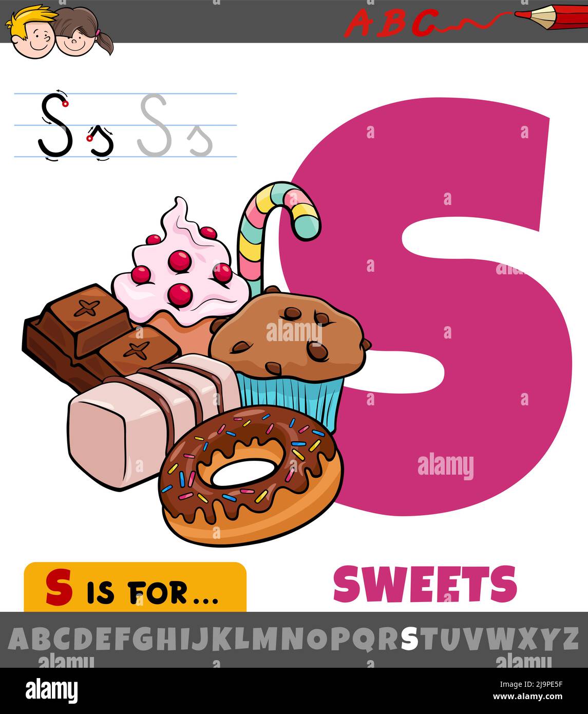 Educational cartoon illustration of letter S from alphabet with sweets