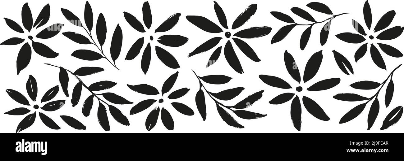 Hand drawn black brush flower vector silhouettes. Stock Vector