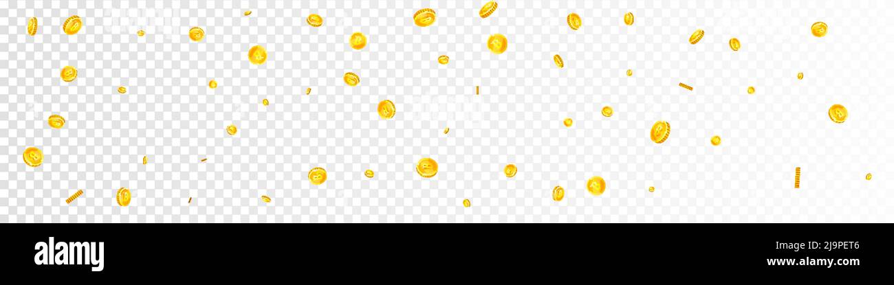 Bitcoin, internet currency coins falling. Bold scattered BTC coins. Cryptocurrency, digital money. Cool jackpot, wealth or success concept. Vector ill Stock Vector