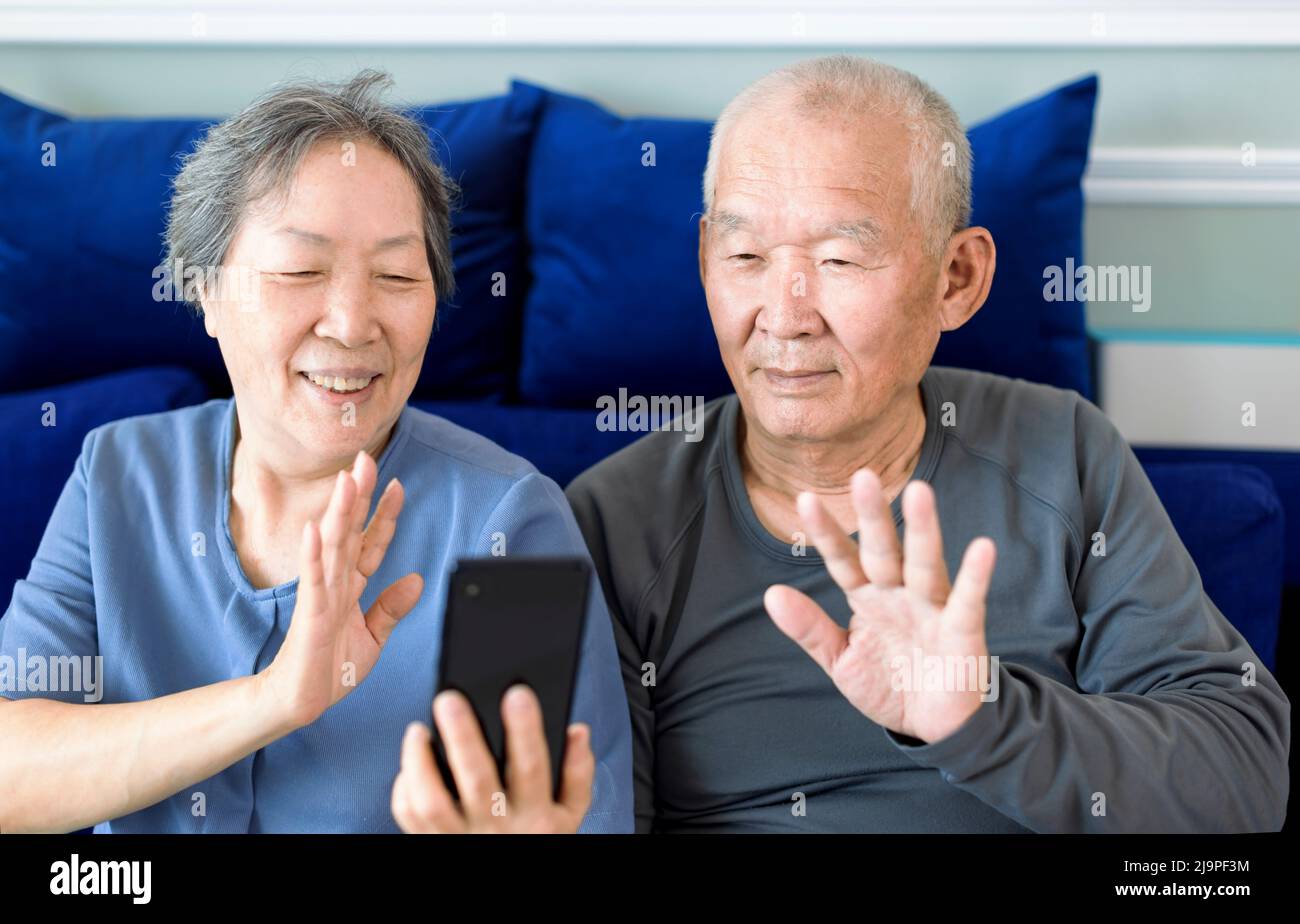 Senior couple doing video call via app on mobile phone at home Stock Photo