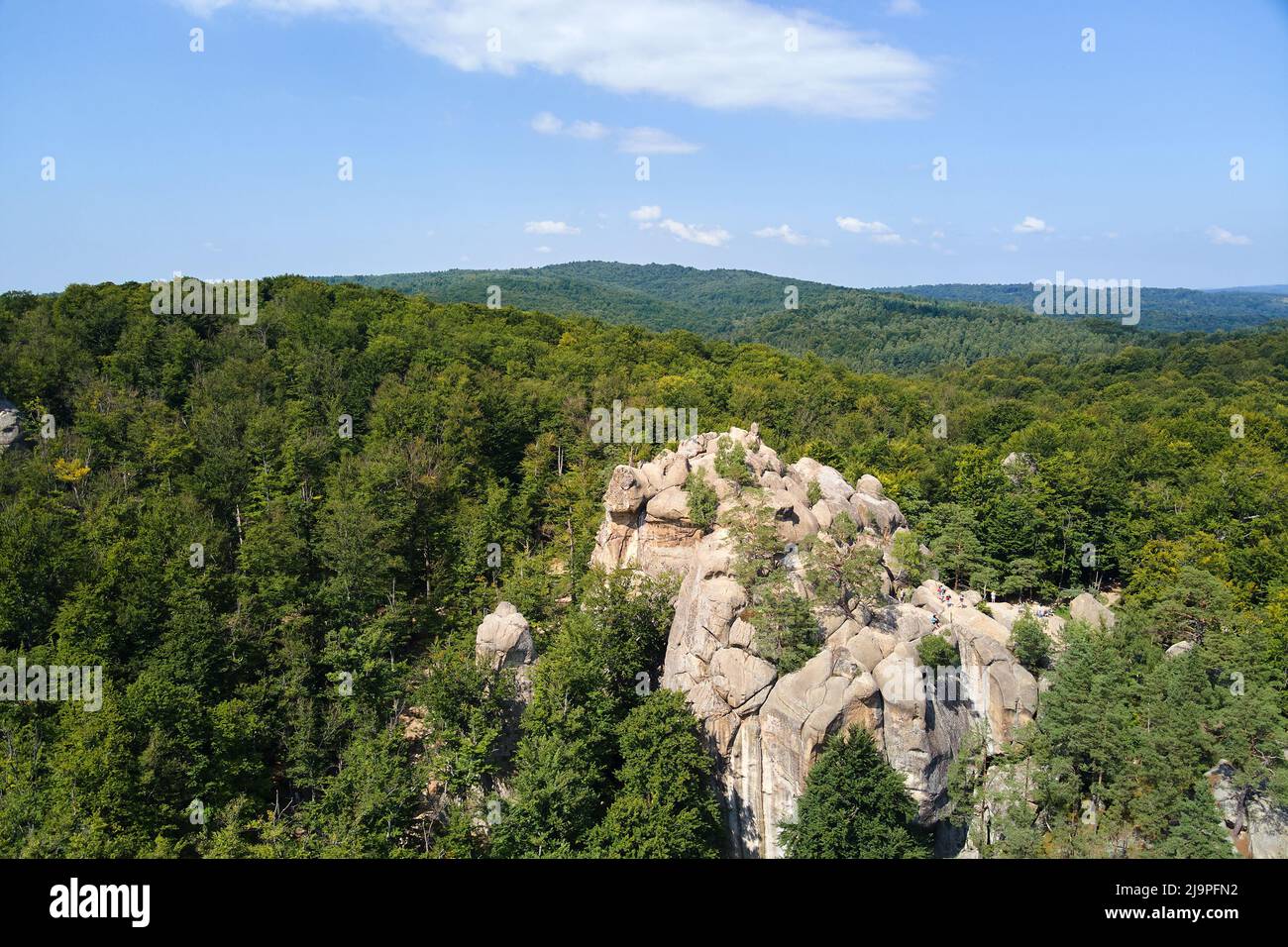 Large Rocks Forest Aerial view of bright landscape with green forest trees and big rocky ...