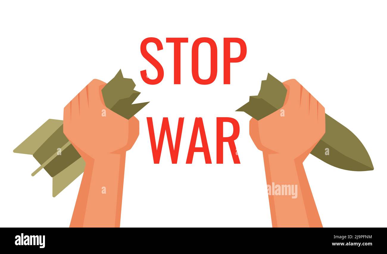 Strong human hands holding broken parts of missile rocket and Stop war message. Cartoon people protest against Russian military attack and save world flat vector illustration. Peace, power concept Stock Vector
