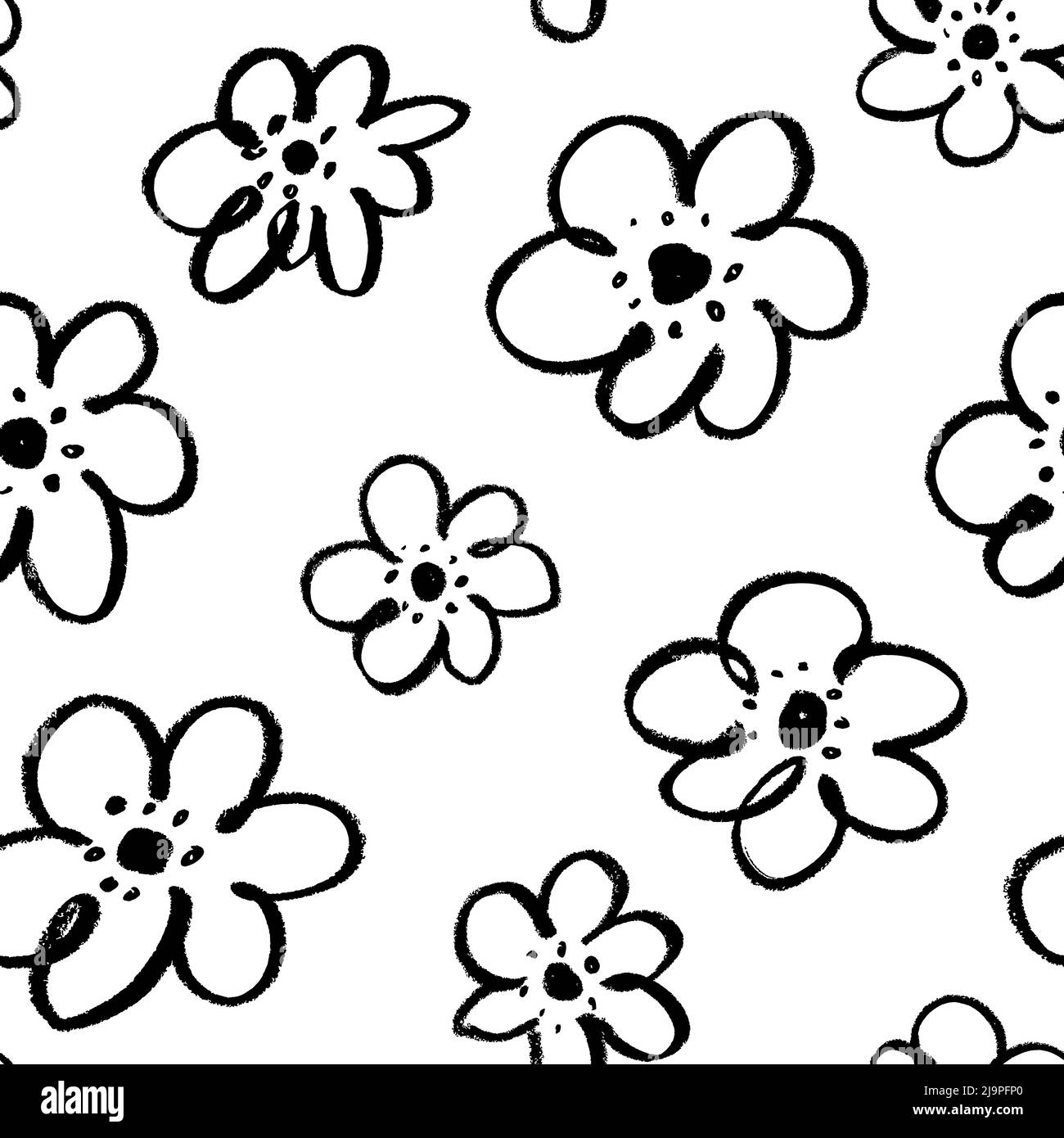 Childish style simple black flowers with leaves. Stock Vector