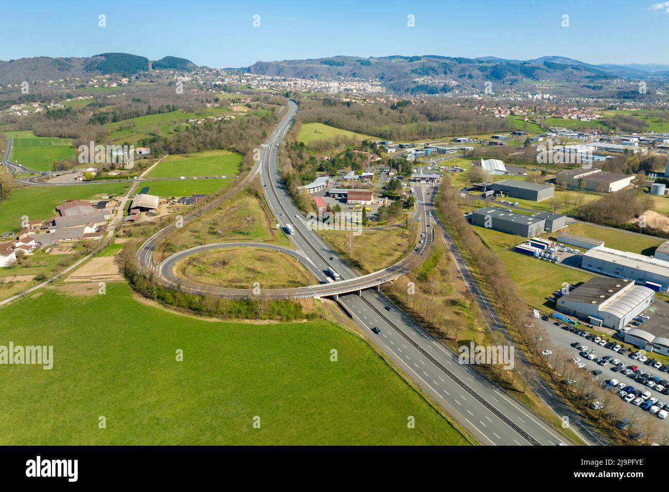 Aerial view of goods warehouses and logistics center in industrial city