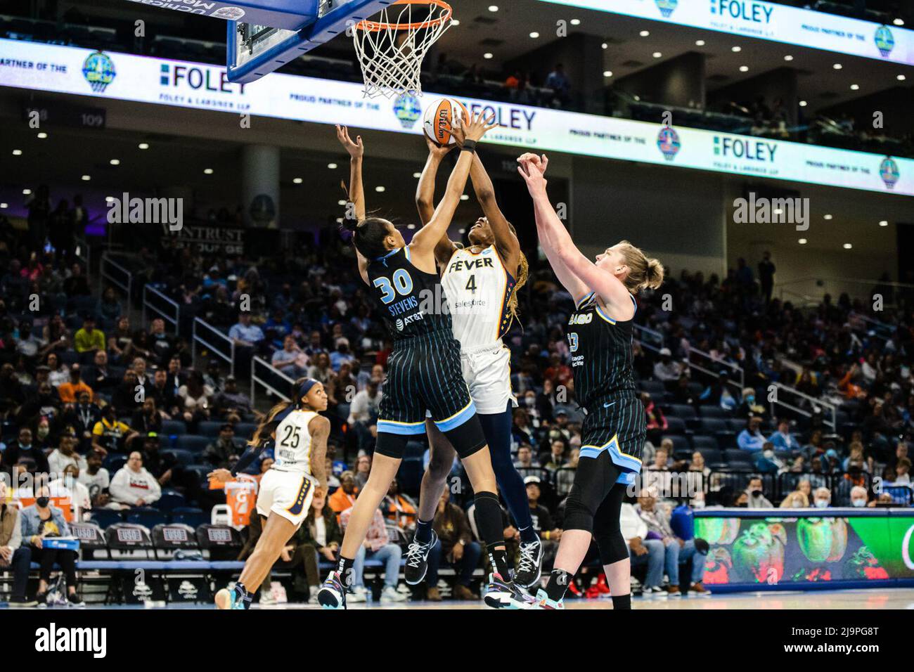 Chicago, United States. 24th May, 2022. Queen Egbo (4 Indiana Fever) is fouled during the game between the Chicago Sky and Indiana Fever on Tuesday May 24, 2022 at Wintrust Arena, Chicago, USA. (NO COMMERCIAL USAGE) Shaina Benhiyoun/SPP Credit: SPP Sport Press Photo. /Alamy Live News Stock Photo