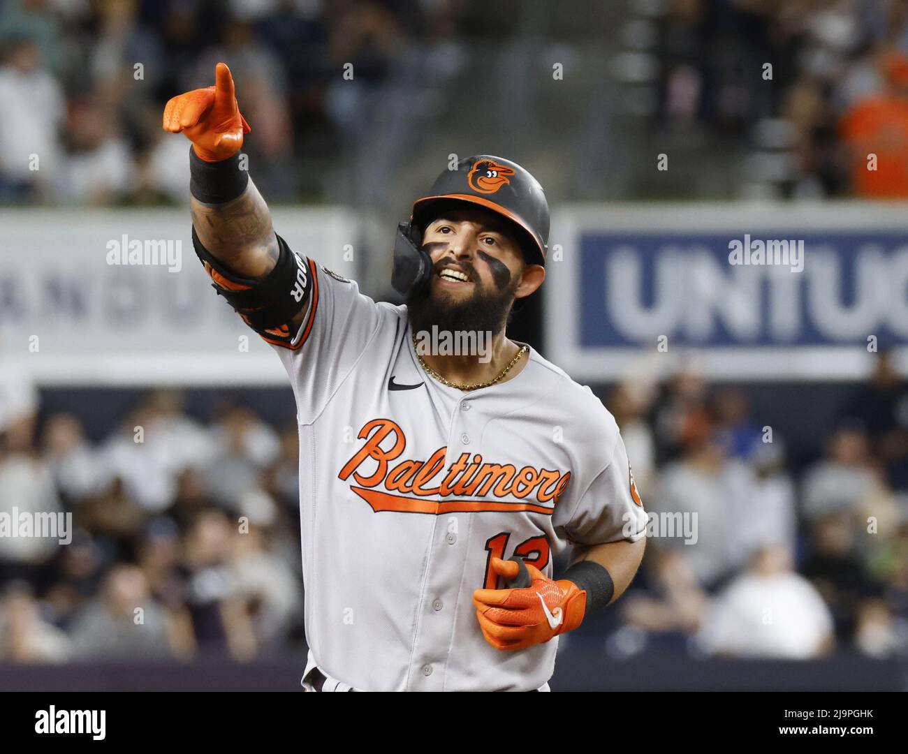 Bronx, United States. 24th May, 2022. Baltimore Orioles Rougned Odor  celebrates after hitting a 3-run home run in the seventh inning against the  New York Yankees at Yankee Stadium in New York