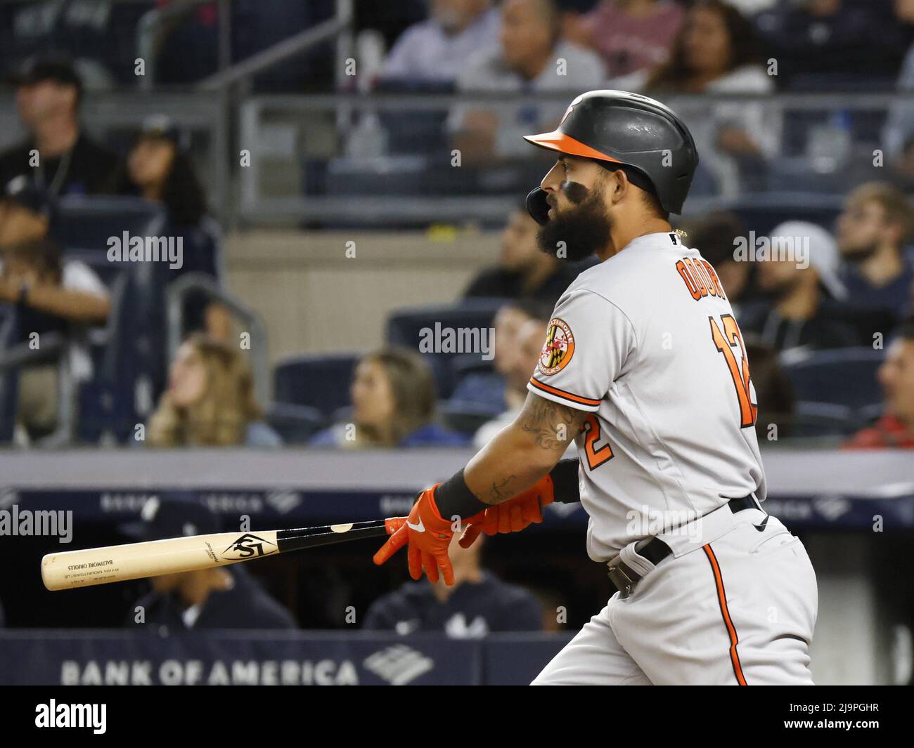 Bronx, United States. 24th May, 2022. Baltimore Orioles Rougned Odor hits a  3-run home run in the seventh inning against the New York Yankees at Yankee  Stadium in New York City on
