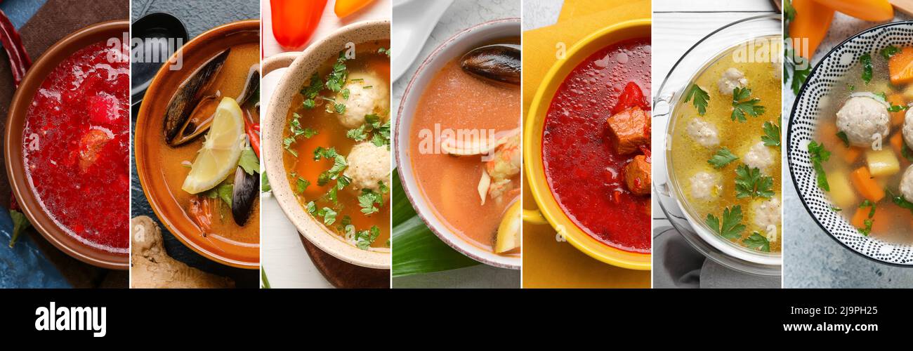 Set of tasty soups in bowls, top view Stock Photo