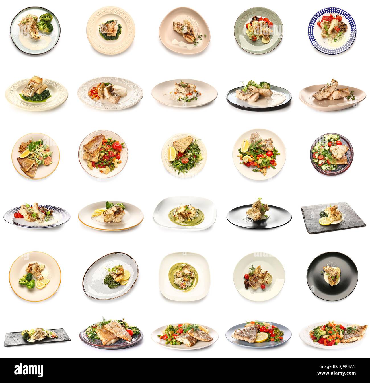 Set of plates with tasty baked cod fish fillet and vegetables on white ...