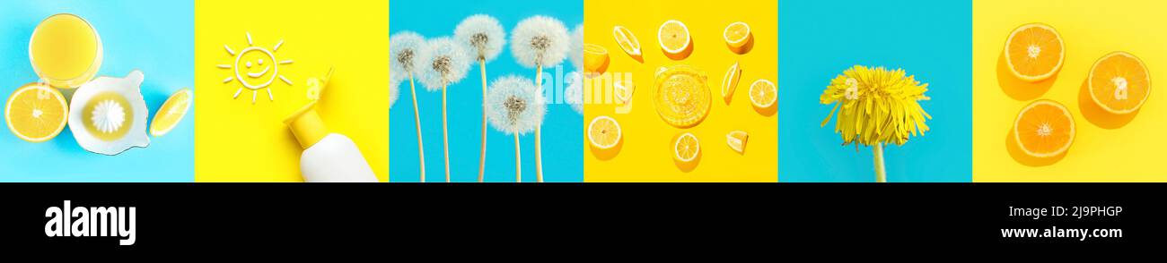 Summer collage of tasty citrus juices with dandelion flowers and sunscreen on colorful background Stock Photo