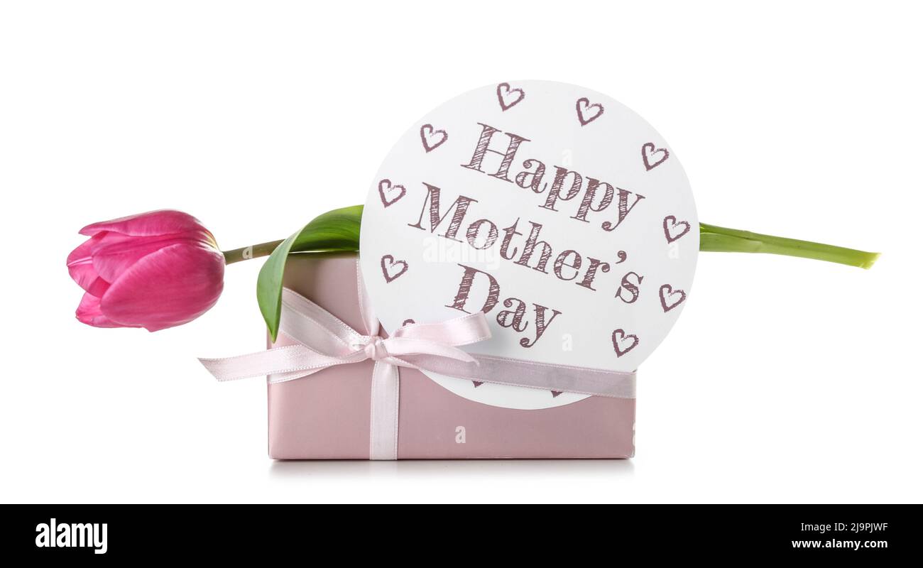 Card with text HAPPY MOTHER'S DAY, tulip and gift box on white ...