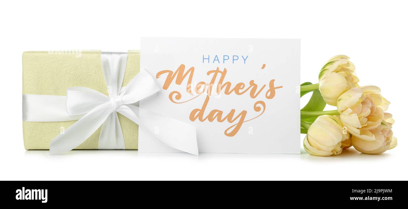 Card with text HAPPY MOTHER'S DAY, gift box and flowers on white ...