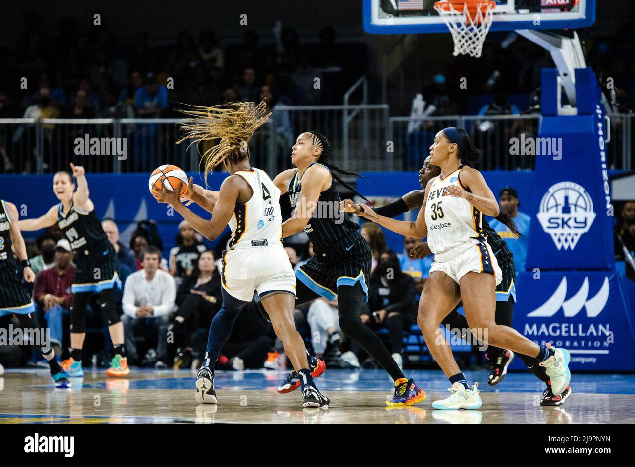 Chicago, United States. 24th May, 2022. Candace Parker (3 Chicago Sky) defends Queen Egbo (4 Indiana Fever) during the game between the Chicago Sky and Indiana Fever on Tuesday May 24, 2022 at Wintrust Arena, Chicago, USA. (NO COMMERCIAL USAGE) Shaina Benhiyoun/SPP Credit: SPP Sport Press Photo. /Alamy Live News Stock Photo