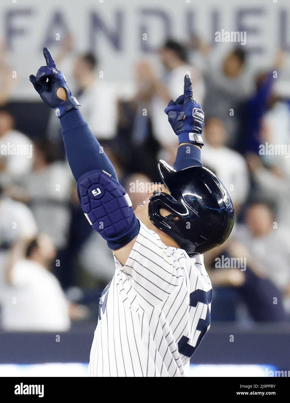 Bronx, United States. 24th May, 2022. Baltimore Orioles Rougned Odor  celebrates after hitting a 3-run home run in the seventh inning against the  New York Yankees at Yankee Stadium in New York