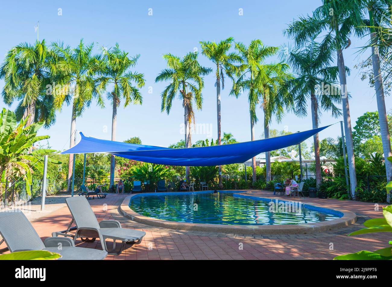Swimming pool with palm trees at the Bark Hut Inn, Northern Territory, NT, Australia Stock Photo