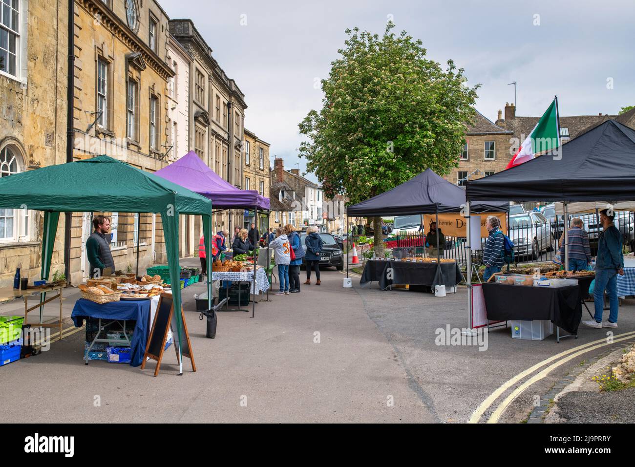 Farmers market along market street. Chipping Norton. Cotswolds