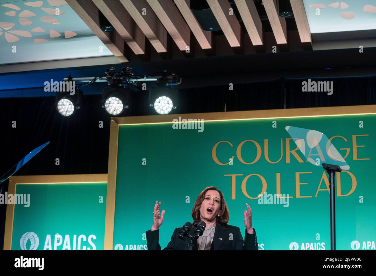 US Vice President Kamala Harris delivers remarks about the mass