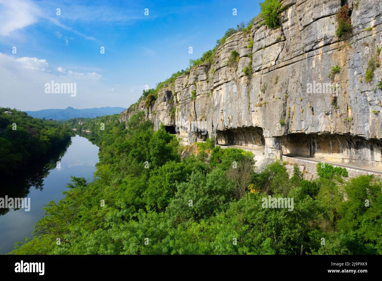 Famous road with arch in the rock called 'defile de Ruoms' et Ruoms, France, Europe Stock Photo