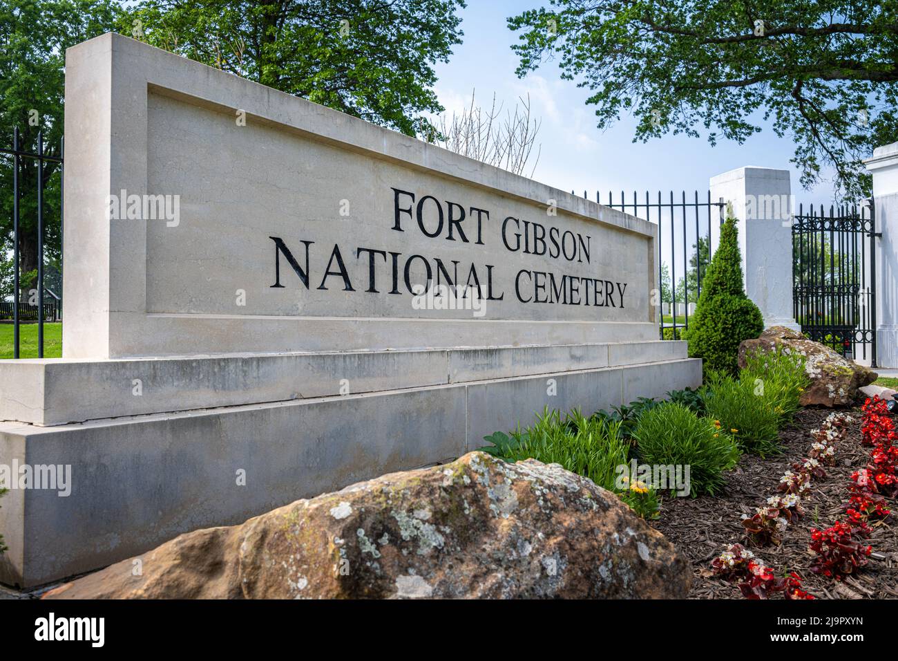 Entrance to historical Fort Gibson National Cemetery in Fort Gibson, Oklahoma. (USA) Stock Photo