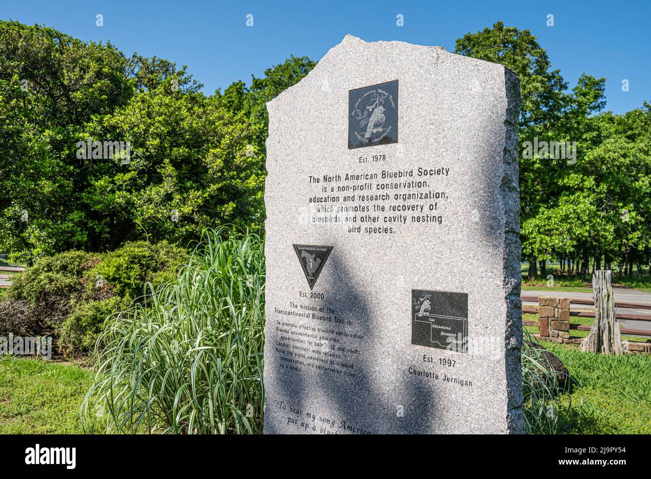 Bluebird conservation marker in the Three Forks Nature Center Garden at