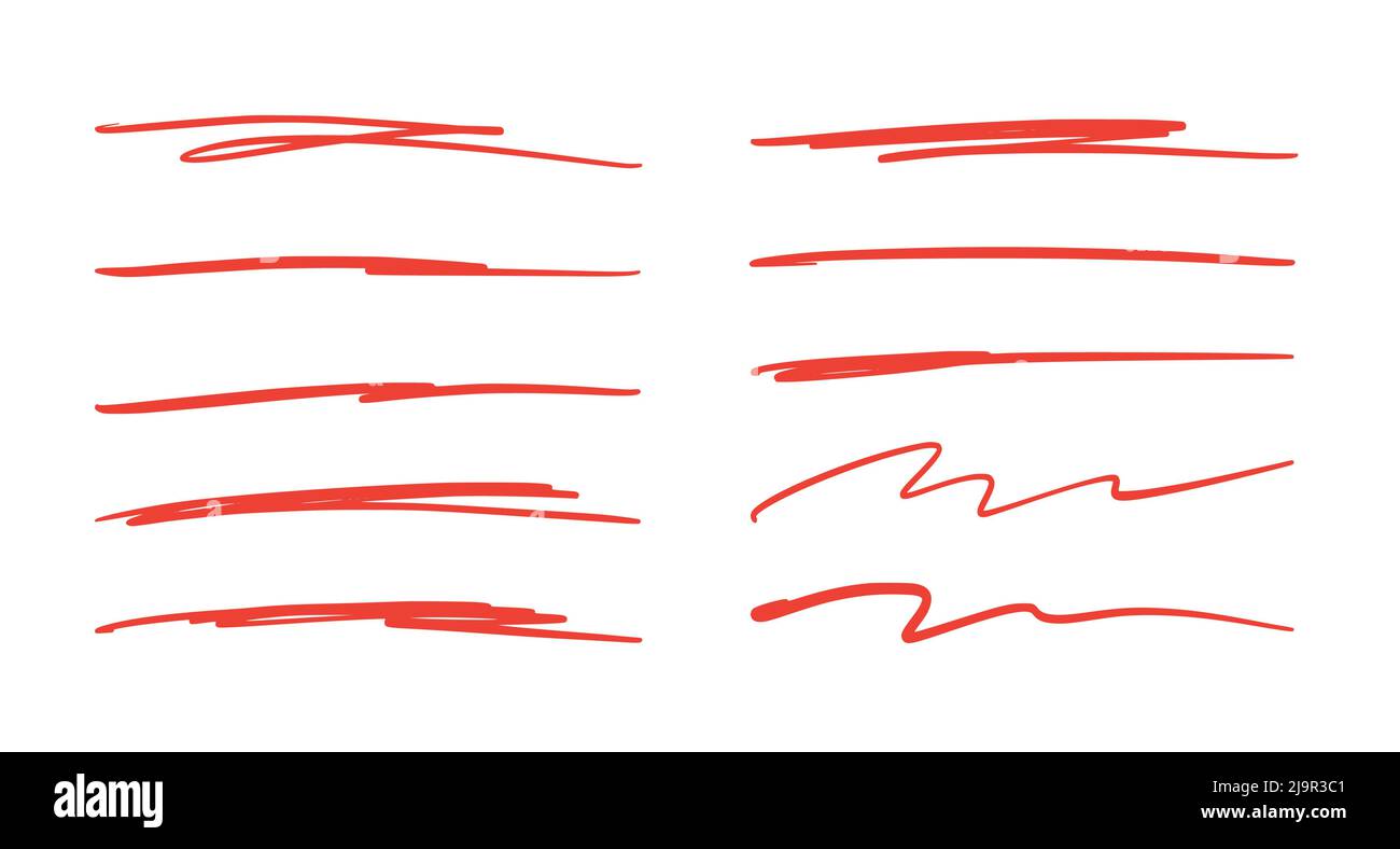 Red brush stroke underline. Marker pen highlight stroke. Vector swoosh brush underline set for accent, marker emphasis element. Stock Vector