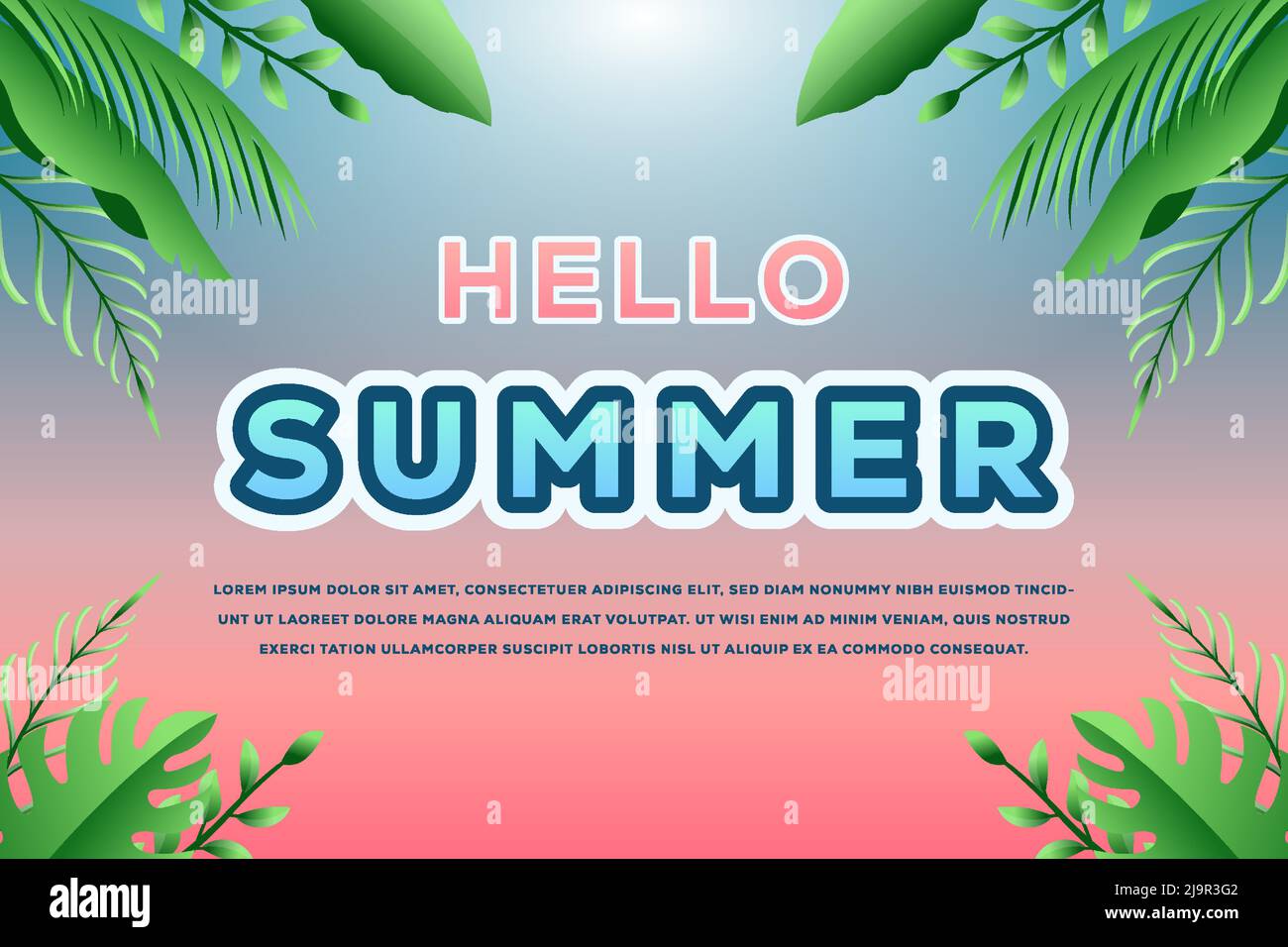 gradient hello summer background illustration with tropical leaves Stock Vector