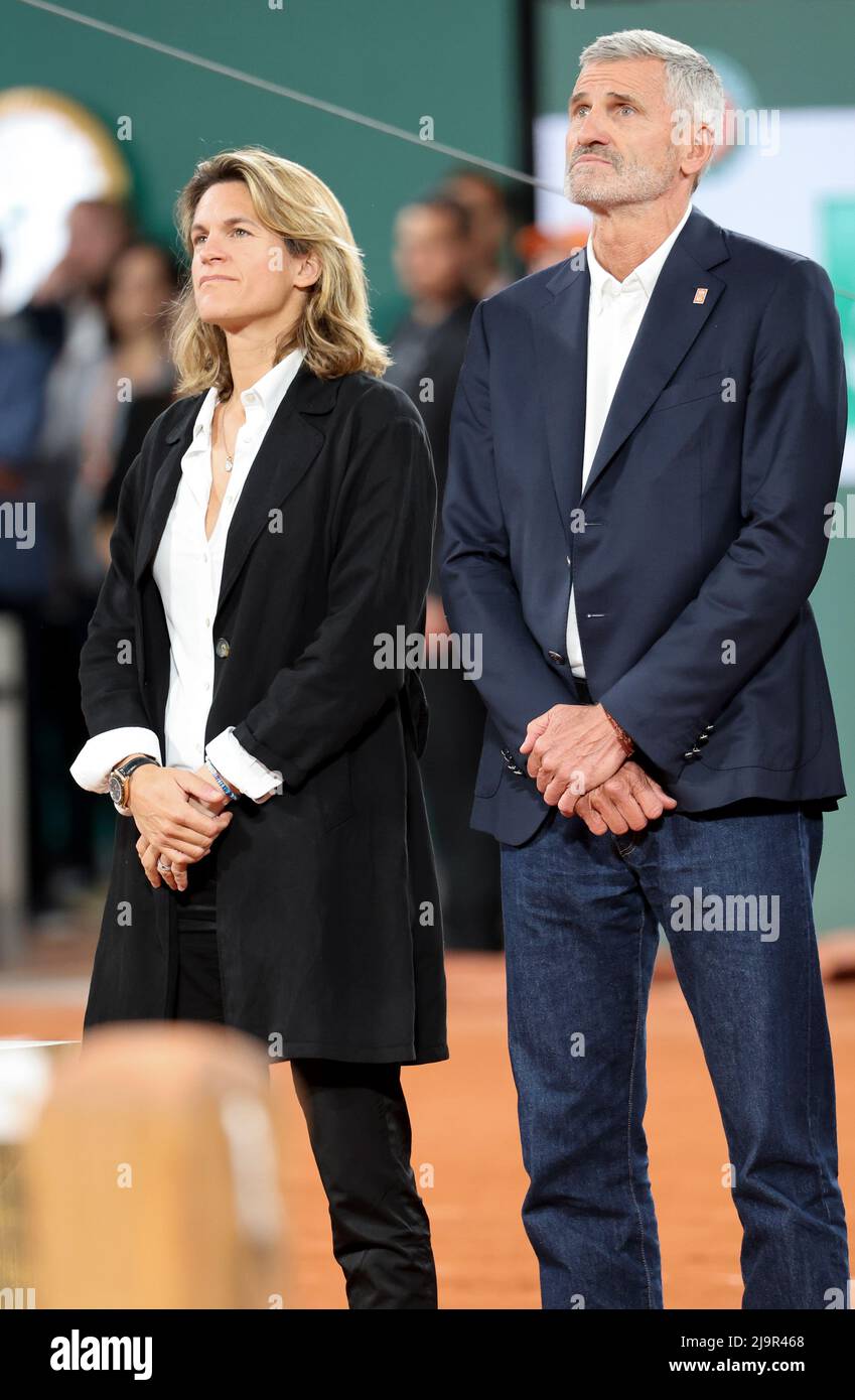 Paris, France. 24th May, 2022. New director of Roland-Garros Amelie  Mauresmo, President of French Tennis Federation FFT Gilles Moretton during  a ceremony celebrating Jo-Wilfried Tsonga's career after his last tennis  match against