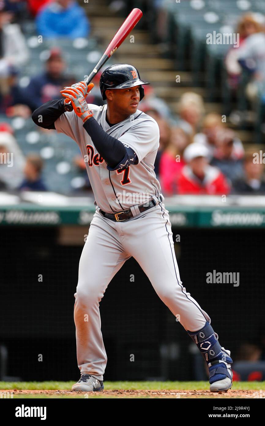 Detroit Tigers second basemen Jonathan Schoop (7) waits for the pitch during an MLB regular season game against the Cleveland Guardians, Sunday, May 2 Stock Photo