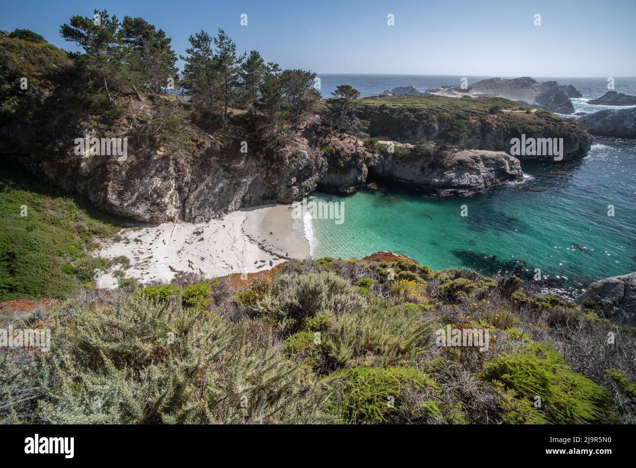 The coastline at Point Lobos state reserve in Monterey, California is a stunningly beautiful landscape with cliffs, turquoise waters, and trees. Stock Photo