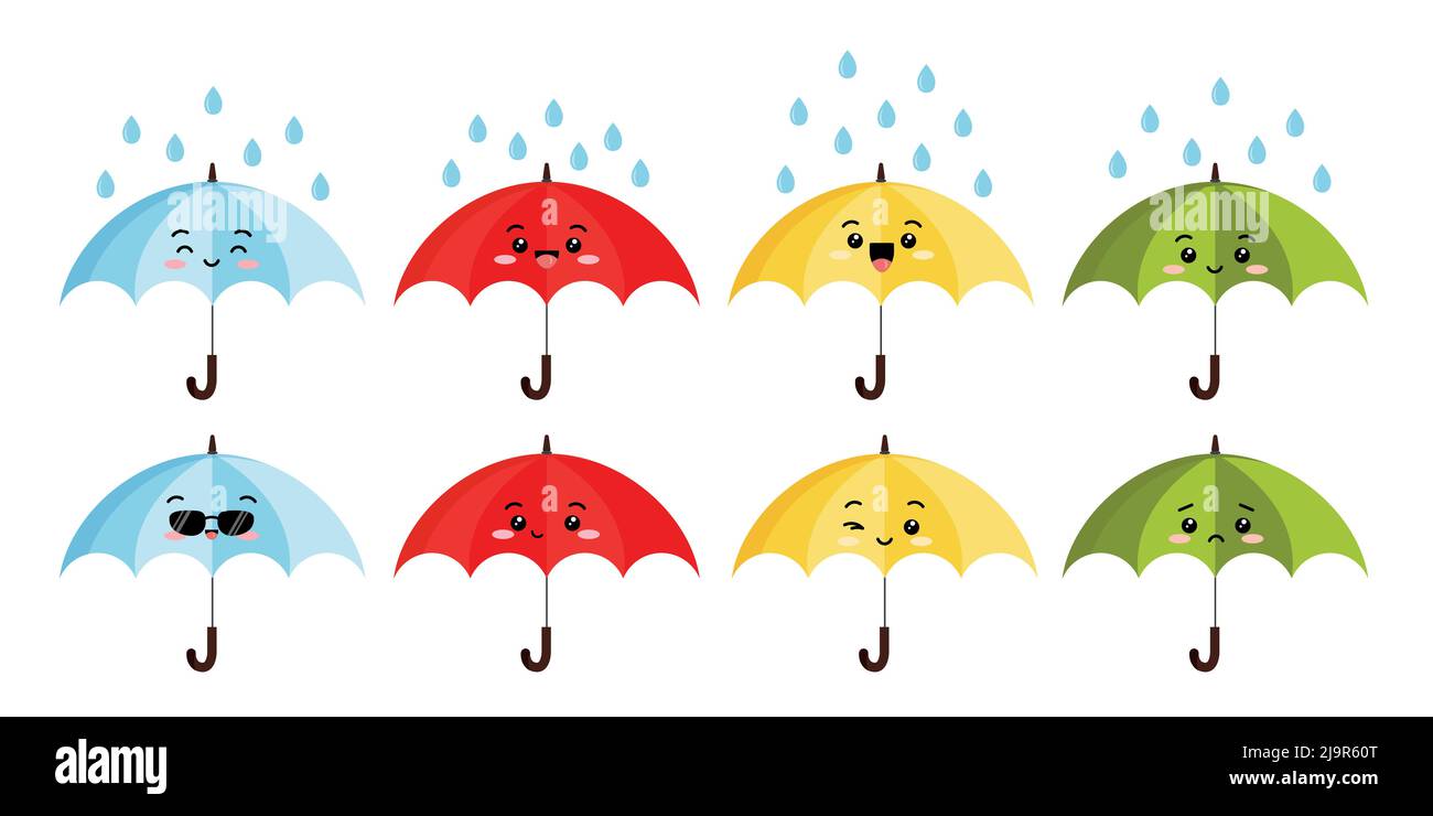Cute open umbrella with rain cartoon character emoji icon vector set