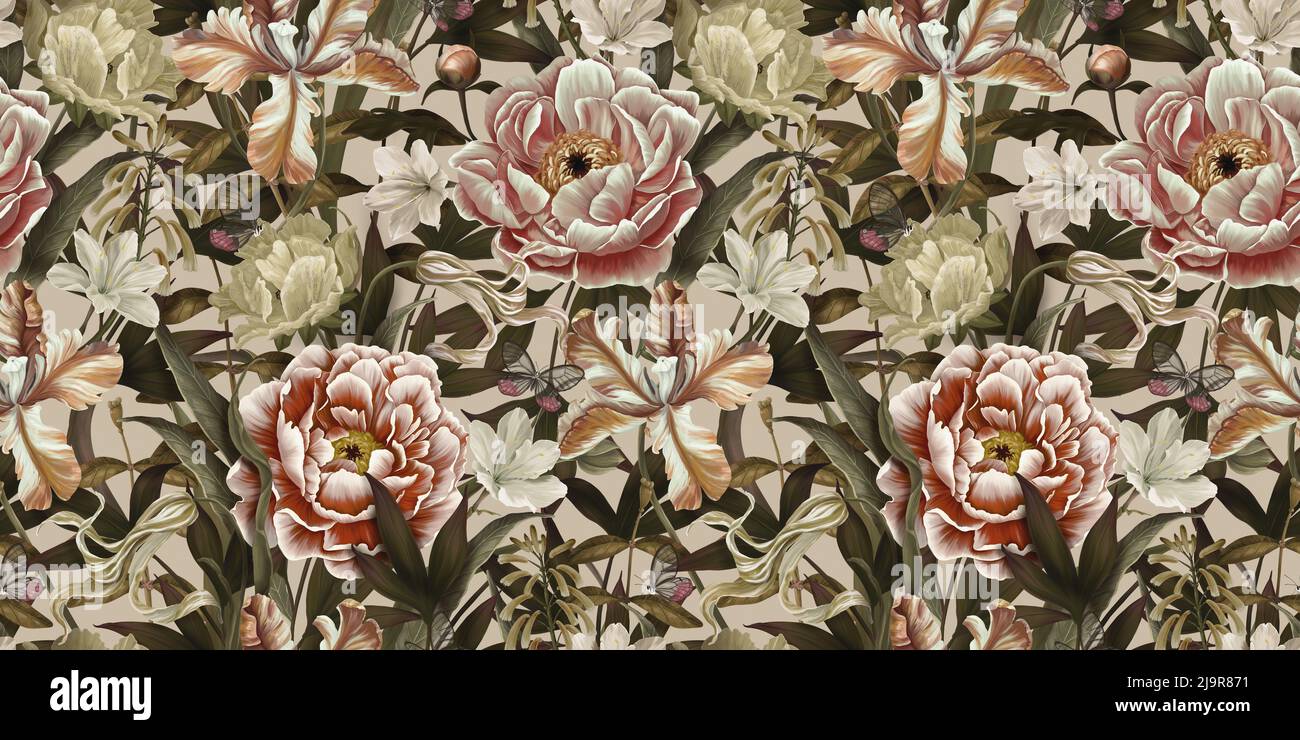 Vintage floral pattern with peonies, tulips, buds, flowers, butterflies. Botanical seamless wallpaper. Hand drawn realistic design for fabric, paper, Stock Photo