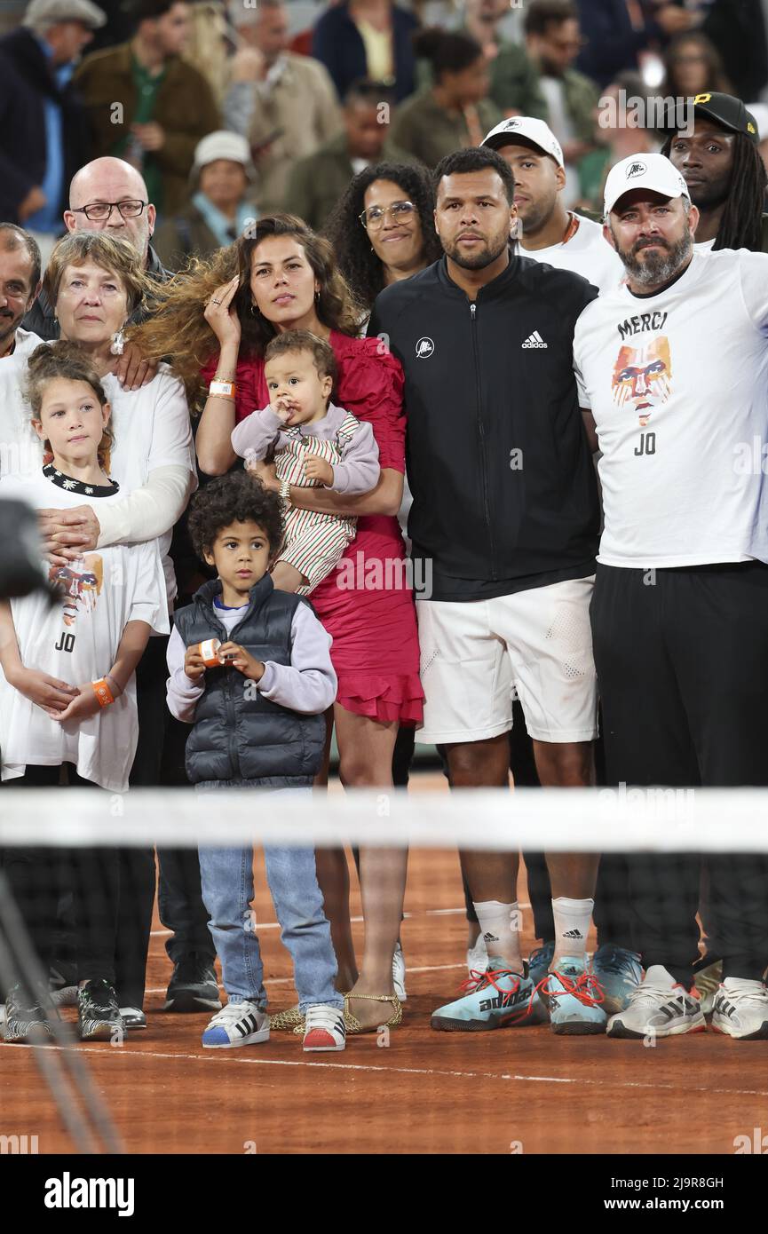 May 24, 2022, Paris, France: Jo-Wilfried Tsonga of France, his wife Noura  Tsonga, their sons, family and friends during a ceremony celebrating his  career after his last tennis match against Casper Ruud