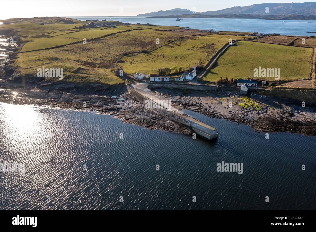 Aerial view of the Ballysaggart pier and the 15th century Franciscan Third Order remains at St